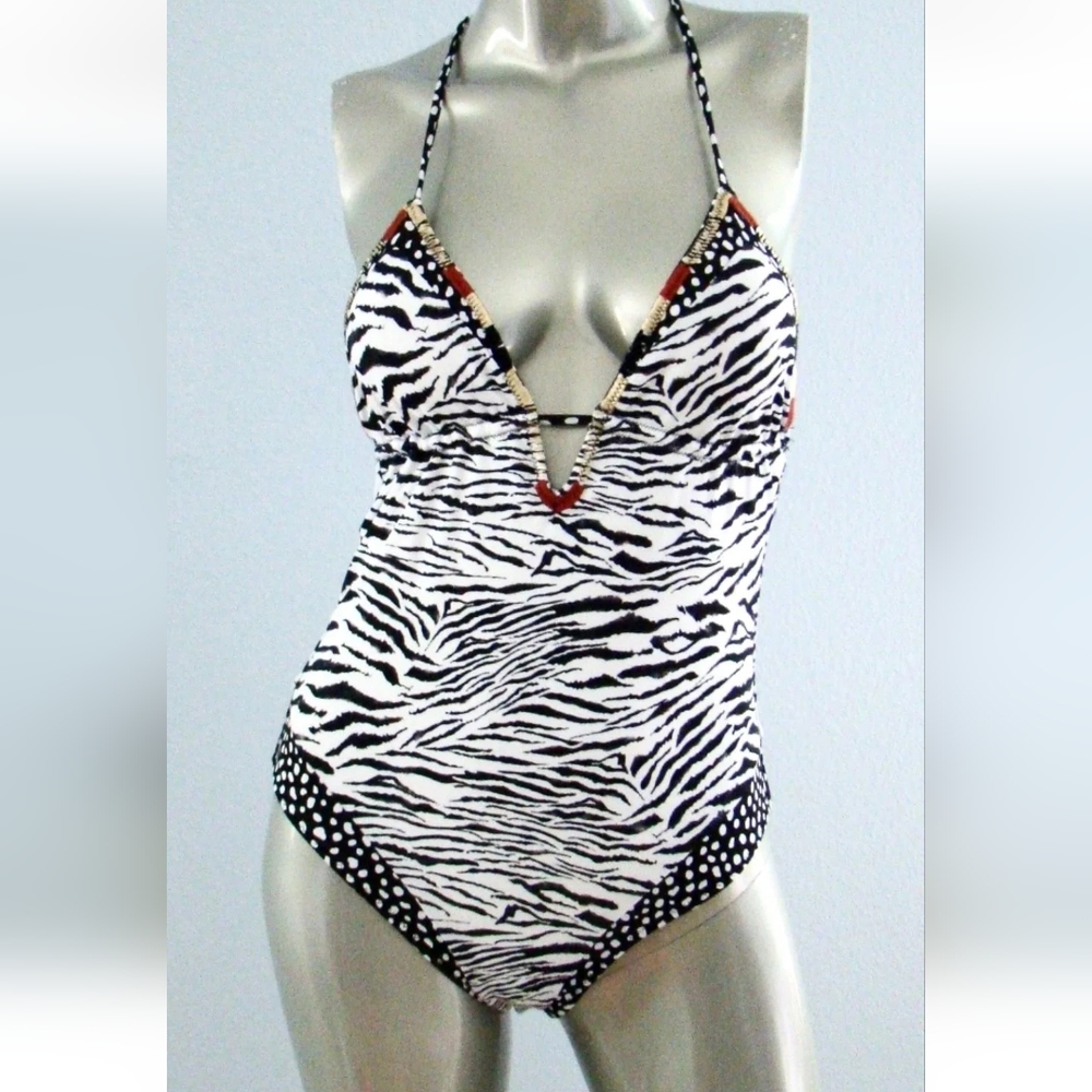 Victorias Secret Zebra Strappy T-Back One Piece Halter Plunge Swim Suit S